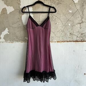 Y2K Mesh Overlay Slip Dress Pink Satin Lace Hem Grunge Lingerie Style Large